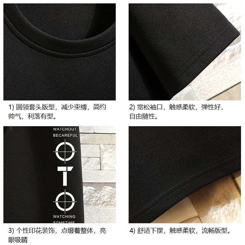 2023 Summer Black White Short Sleeve T-Shirt for Men, Casual O-Neck Top, Plus Sizes M-5XL, Polyester Broadcloth.