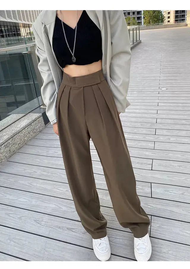 Jielur Brown Wide Leg Women Classic Suit Pants Vintage Palazzo Office Elegant Casual Black Trousers Female High Waist Pants