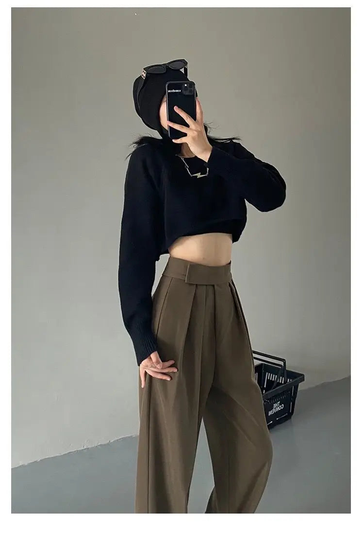 Jielur Brown Wide Leg Women Classic Suit Pants Vintage Palazzo Office Elegant Casual Black Trousers Female High Waist Pants