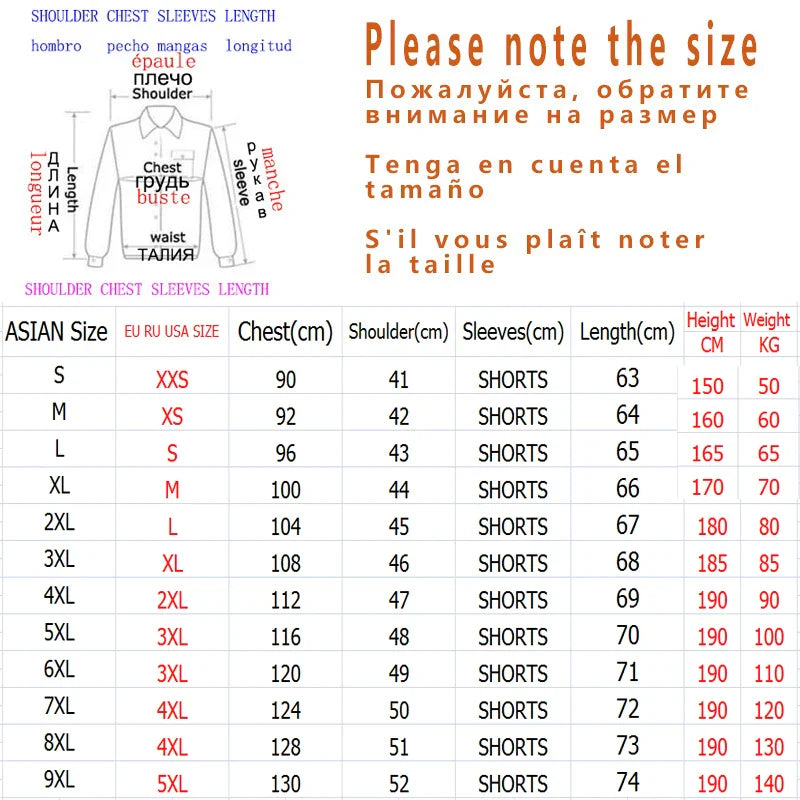 Size chart for the Quick Dry Sport T-Shirt, Asian sizes M-5XL, with measurements in centimeters and height/weight guide.