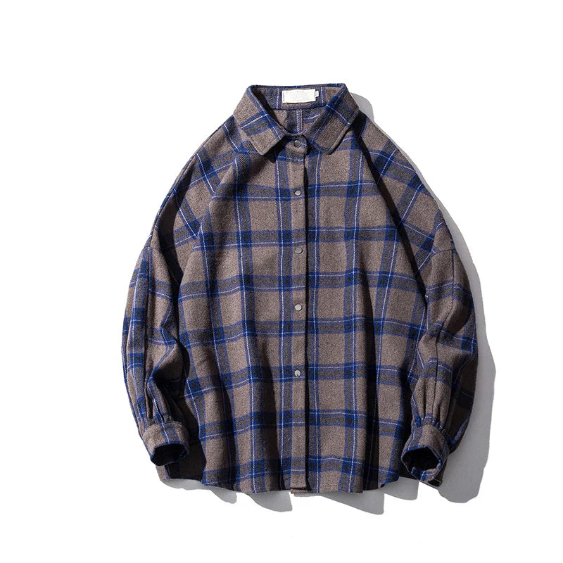 LAPPSTER Y2k Harajuku plaid shirt, vintage Korean fashion, brown and blue checkered long sleeve men's streetwear.