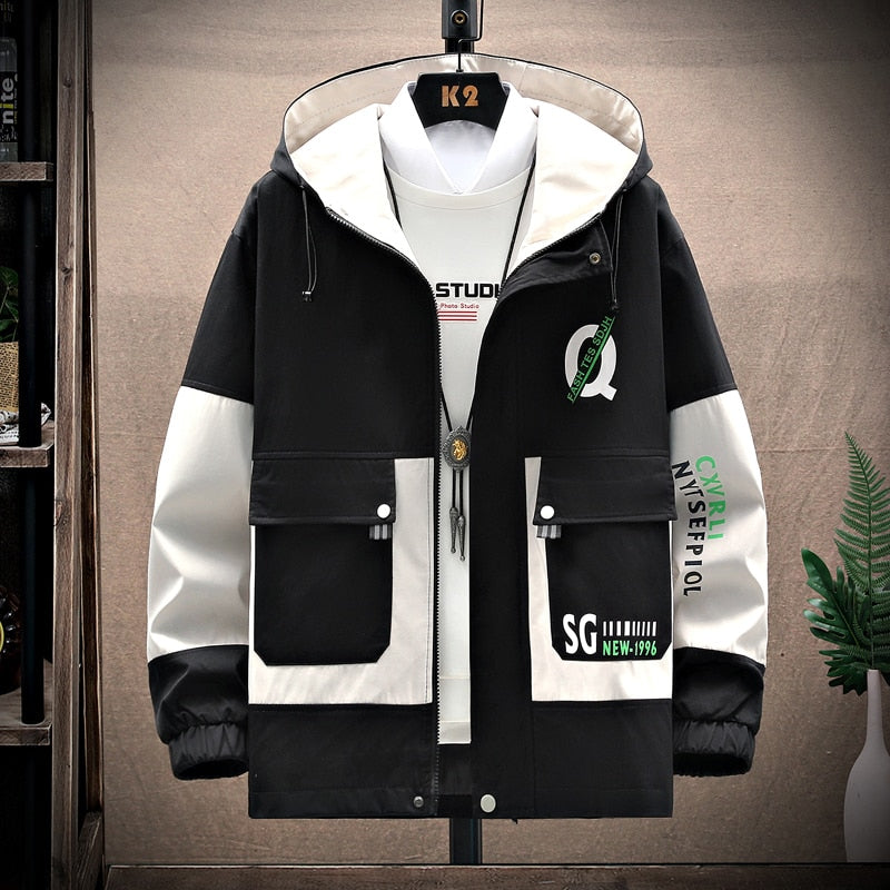 Men's windbreaker jacket with hood, Korea fashion print, black and white design, spring autumn casual coat.