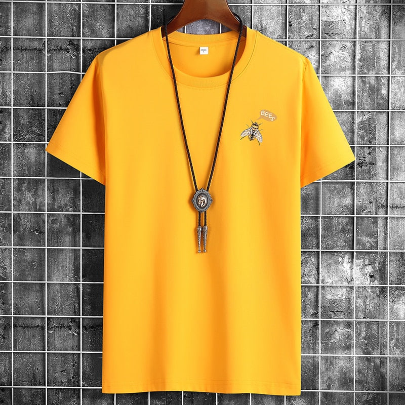 Men's yellow casual short sleeve t-shirt with bee embroidery, 2021 fashion sport style.