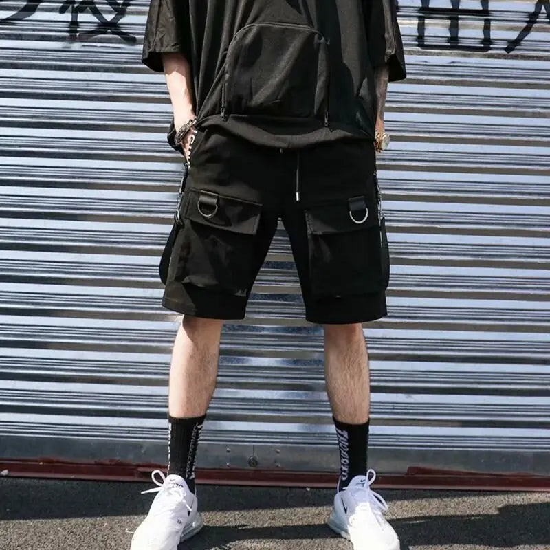 Summer men techwear cargo shorts with ribbons, Harajuku style, hip hop streetwear fashion.