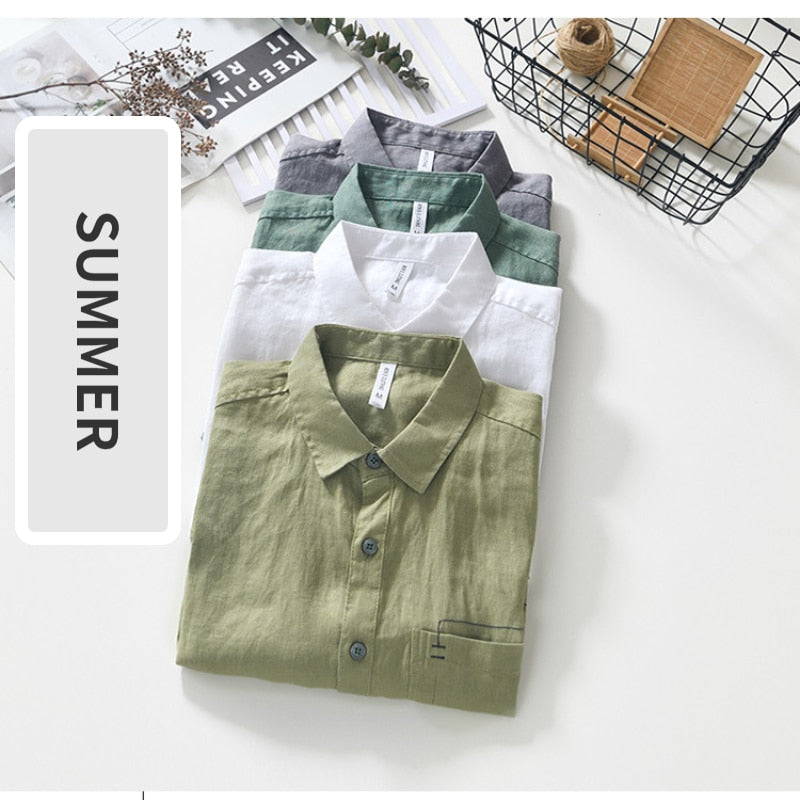 Men's pure linen short sleeve shirts in summer colors, featuring casual style and slim fit, model BL993.