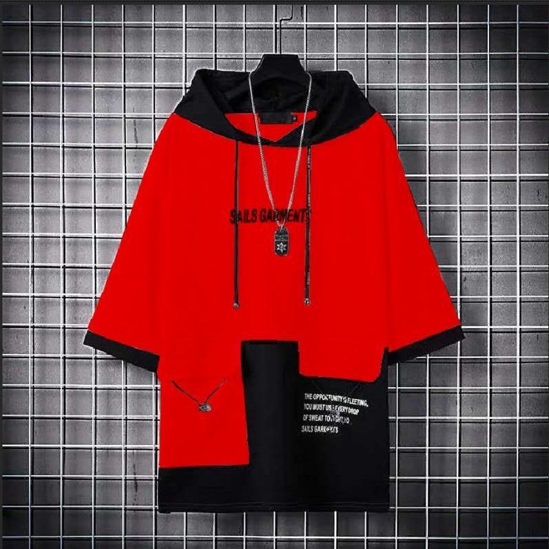 Oversized short sleeve hooded patchwork T-shirt in red and black with casual sports style for men and women.