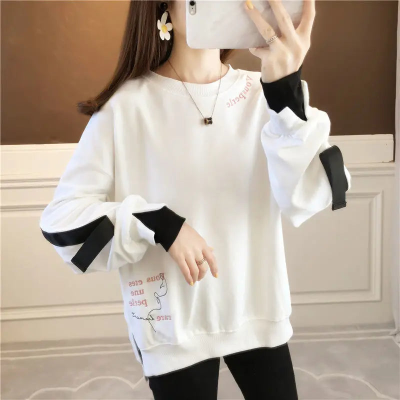 Autumn 2024 New Casual Patchwork Fake Two Pieces Sweatshirts Femme Simplicity Loose Irregular Pullover T-Shirts Women Clothing