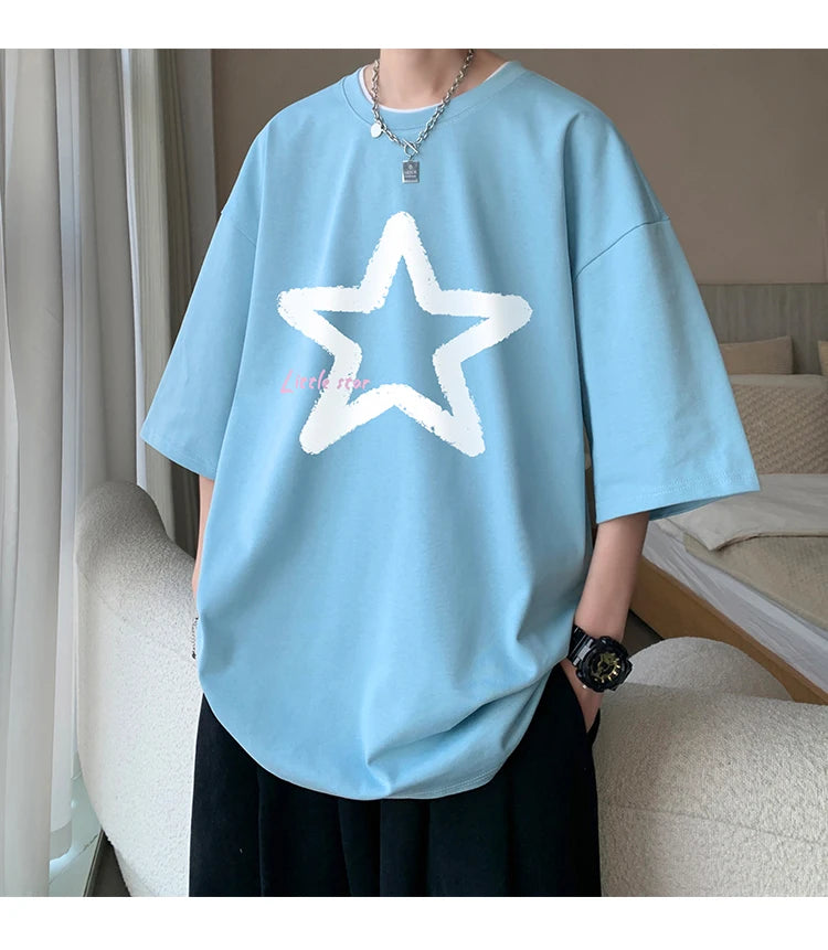 Little Star Printed Men's T Shirt Summer Fashion Casual Short Sleeve Tee Tops Mens Cotton Linen Oversized Hip-Hop T-shirt 5XL