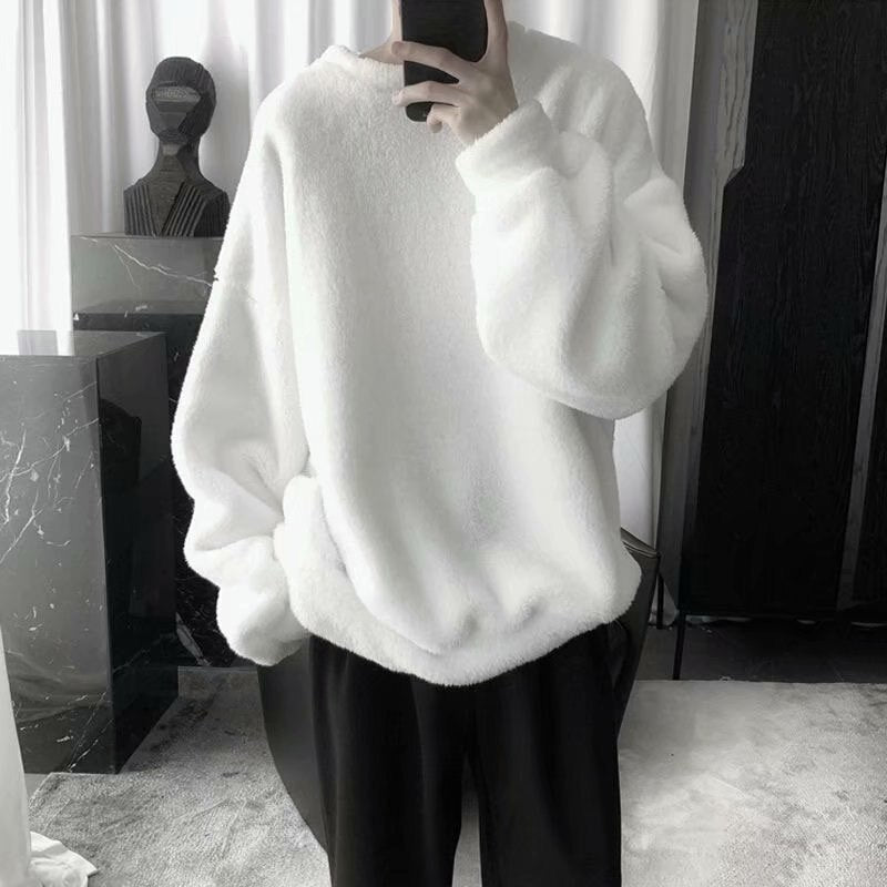 Oversize solid color lamb hair sweatshirt, O-neck, long sleeve, men's Korean fashion streetwear.