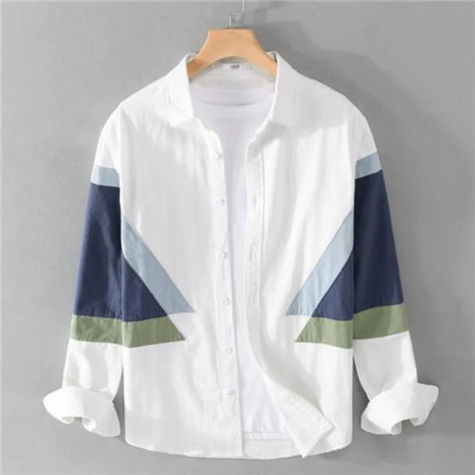 2023 New Spring and Autumn Season Thin Hong Kong Style Fashion Trend Splicing Contrast Color Casual Loose Versatile Men's Shirt