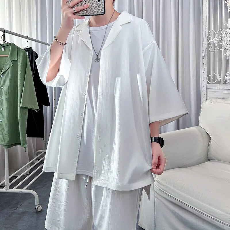 Korean style men's oversized shirt and shorts set, solid short sleeve top, summer fashion.