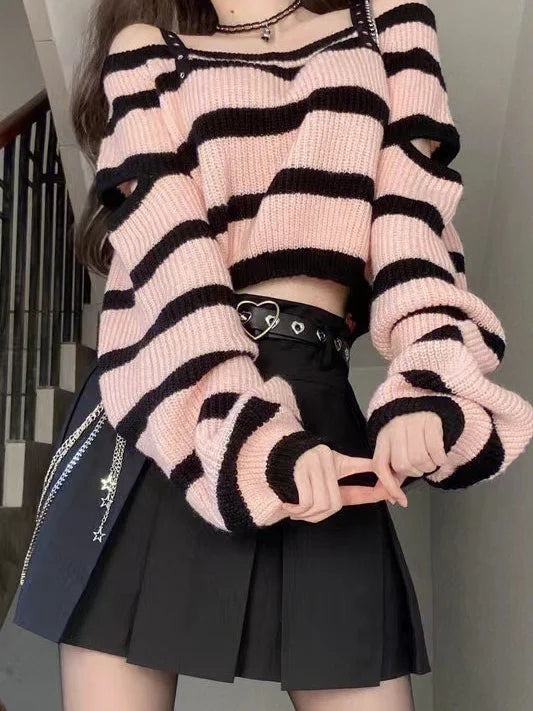 Striped off-shoulder knit top and high-waist pleated mini skirt set for women, Y2K style.