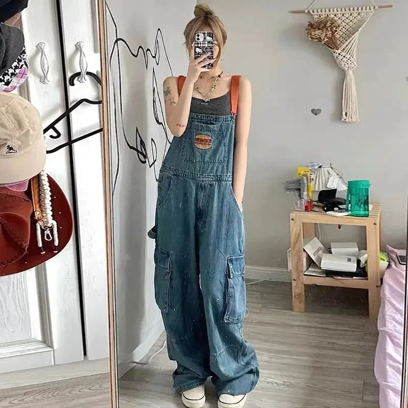 Cool Girl Style embroidered denim strap jumpsuit for women, loose fit, streetwear look.