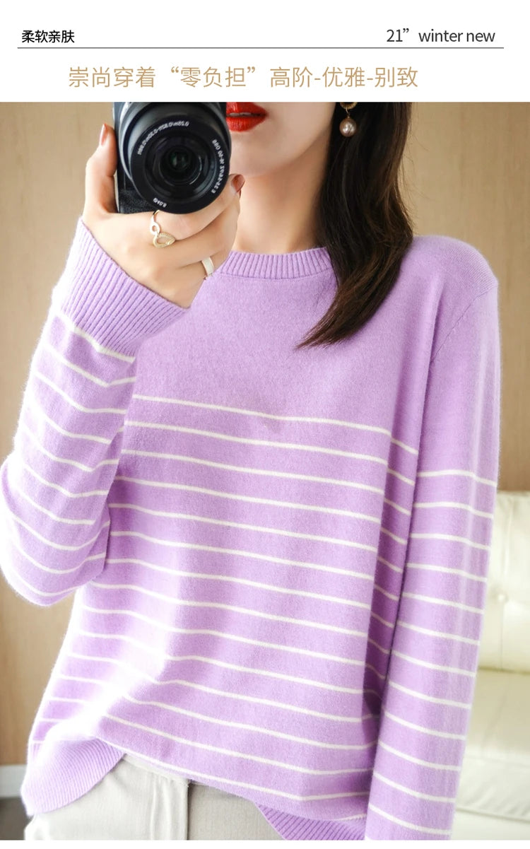 100% Cotton Knitted Sweater Women's Sweater Striped Color Matching Round Neck Large Size Loose Temperament Long Sleeve Bottoming