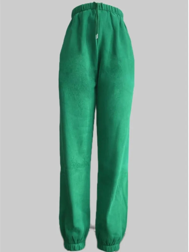 Women's green fleece sweatpants, casual tracksuit, solid color, mid-waist, elastic closure, for winter and spring.