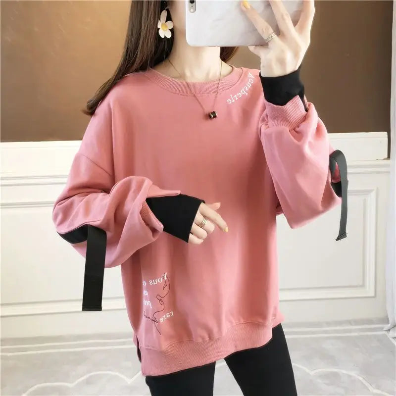 Autumn 2024 New Casual Patchwork Fake Two Pieces Sweatshirts Femme Simplicity Loose Irregular Pullover T-Shirts Women Clothing