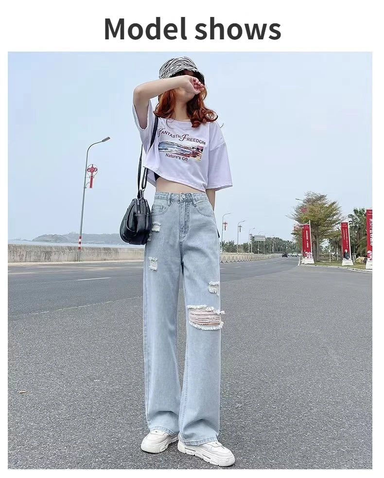 Pierced High Waist Jeans Women's Spring and Summer Thin Straight Tube Loose 2022 New Fashion Casual Thin Wide Leg Pants