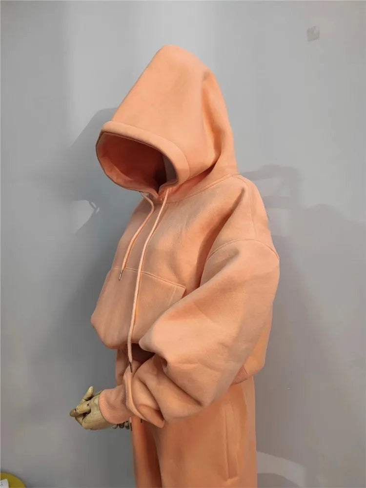 Women's fleece hoodies suit in solid color, casual tracksuit set with pullover sweatshirt and sweatpants, ideal for winter and spring.