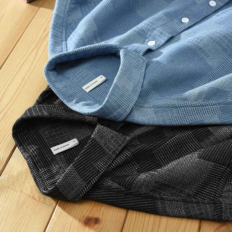 Vintage patch shirt for men in blue and black, pure cotton, long sleeve, turn-down collar, casual clothing.