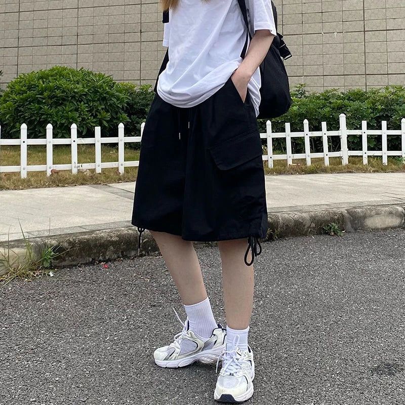 Rimocy Summer Knee Length Cargo Shorts Women 2024 Bf Harajuku Wide Leg Shorts Woman Streetwear Pockets Baggy Short Pants Female