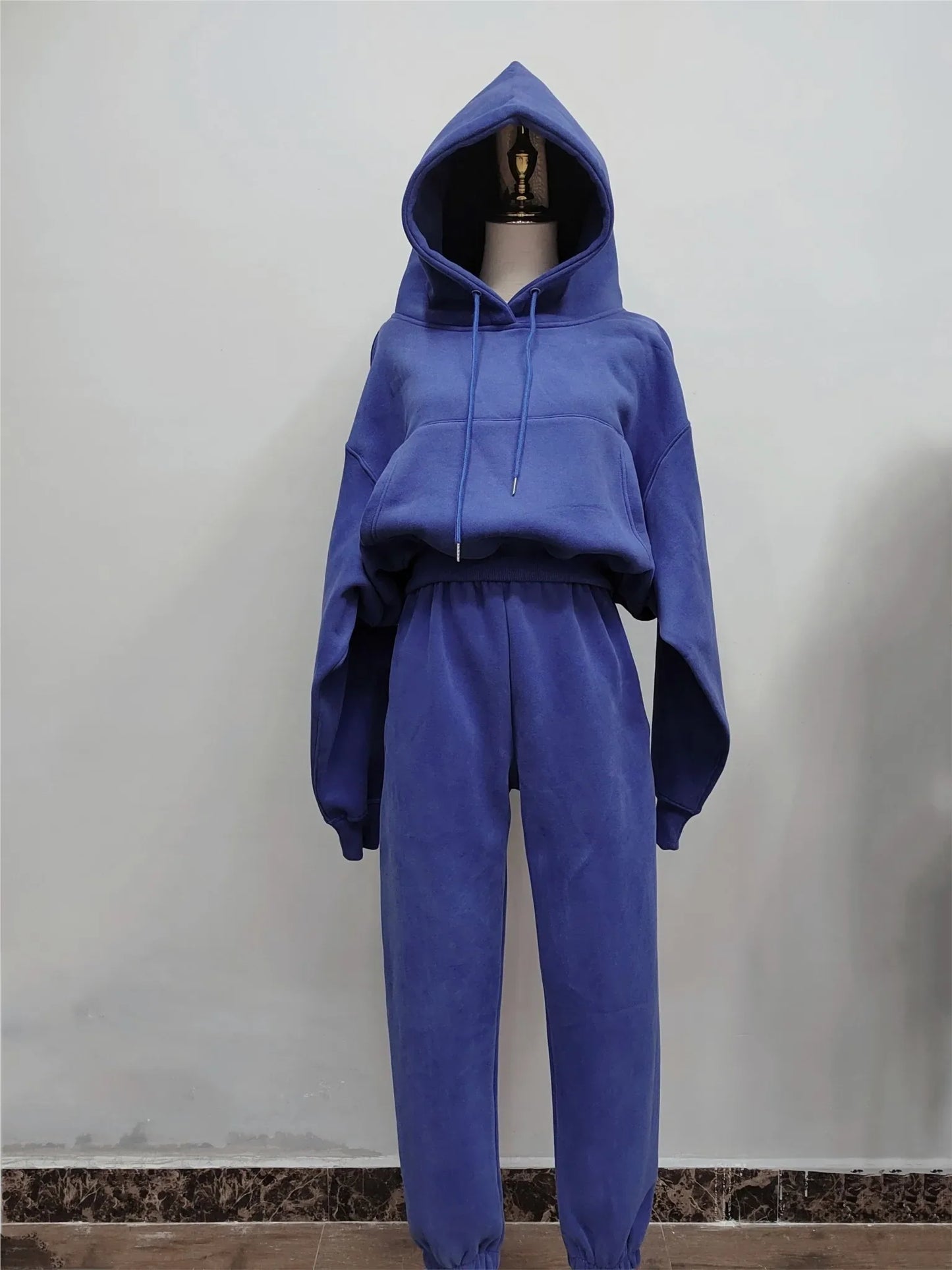 Women's winter hoodies suit, solid casual fleece 2-piece tracksuit with hooded sweatshirt and sweatpants.