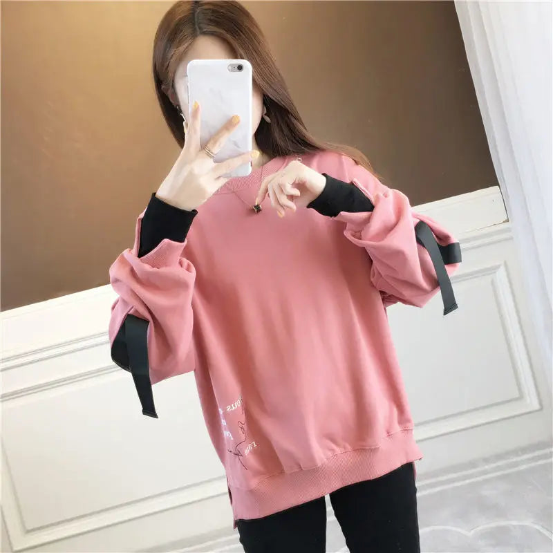 Autumn 2024 New Casual Patchwork Fake Two Pieces Sweatshirts Femme Simplicity Loose Irregular Pullover T-Shirts Women Clothing