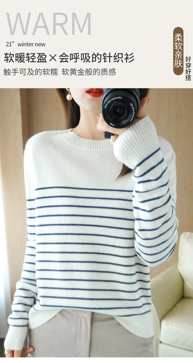 100% Cotton Knitted Sweater Women's Sweater Striped Color Matching Round Neck Large Size Loose Temperament Long Sleeve Bottoming