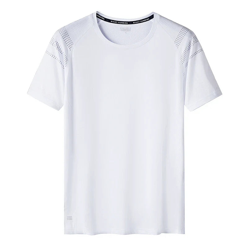 Quick dry white oversized gym T-shirt for men, short sleeves, available in 6XL to 9XL sizes, ideal for summer.