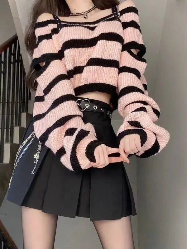 Off-shoulder striped knit set, high waist pleated mini skirt, streetwear style for autumn.