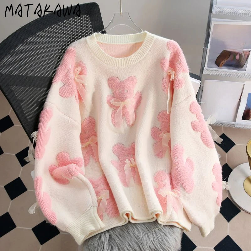 Matakawa Cartoon Pink Women Sweaters Bows Autumn Winter Korean Fashion Sweet Pull Femme Kawaii Loose Warm Retro Pullovers