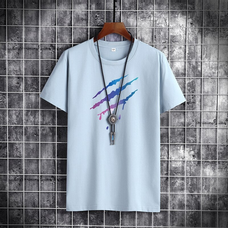 Men's summer cotton T-shirt in light blue with short sleeves and O-neck design, featuring a colorful graphic on the front, hanging on a hanger.