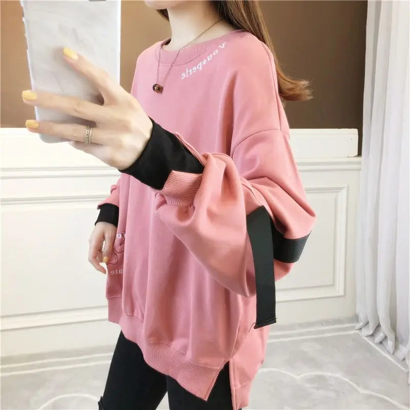 Autumn 2024 New Casual Patchwork Fake Two Pieces Sweatshirts Femme Simplicity Loose Irregular Pullover T-Shirts Women Clothing