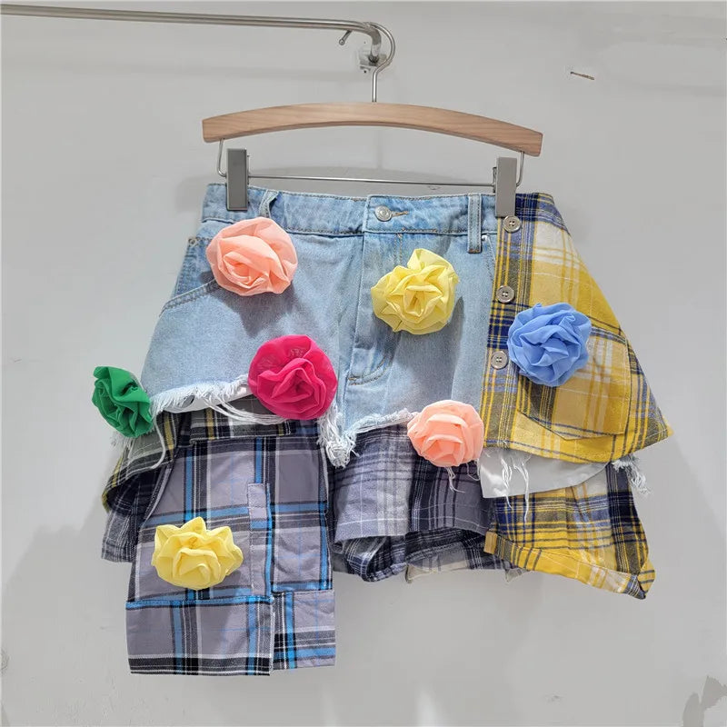 DEAT Women's Denim Skirt with Colored Plaid Patchwork, Irregular Deconstructed A-line High Waist Mini Design for Summer 2024 Fashion.