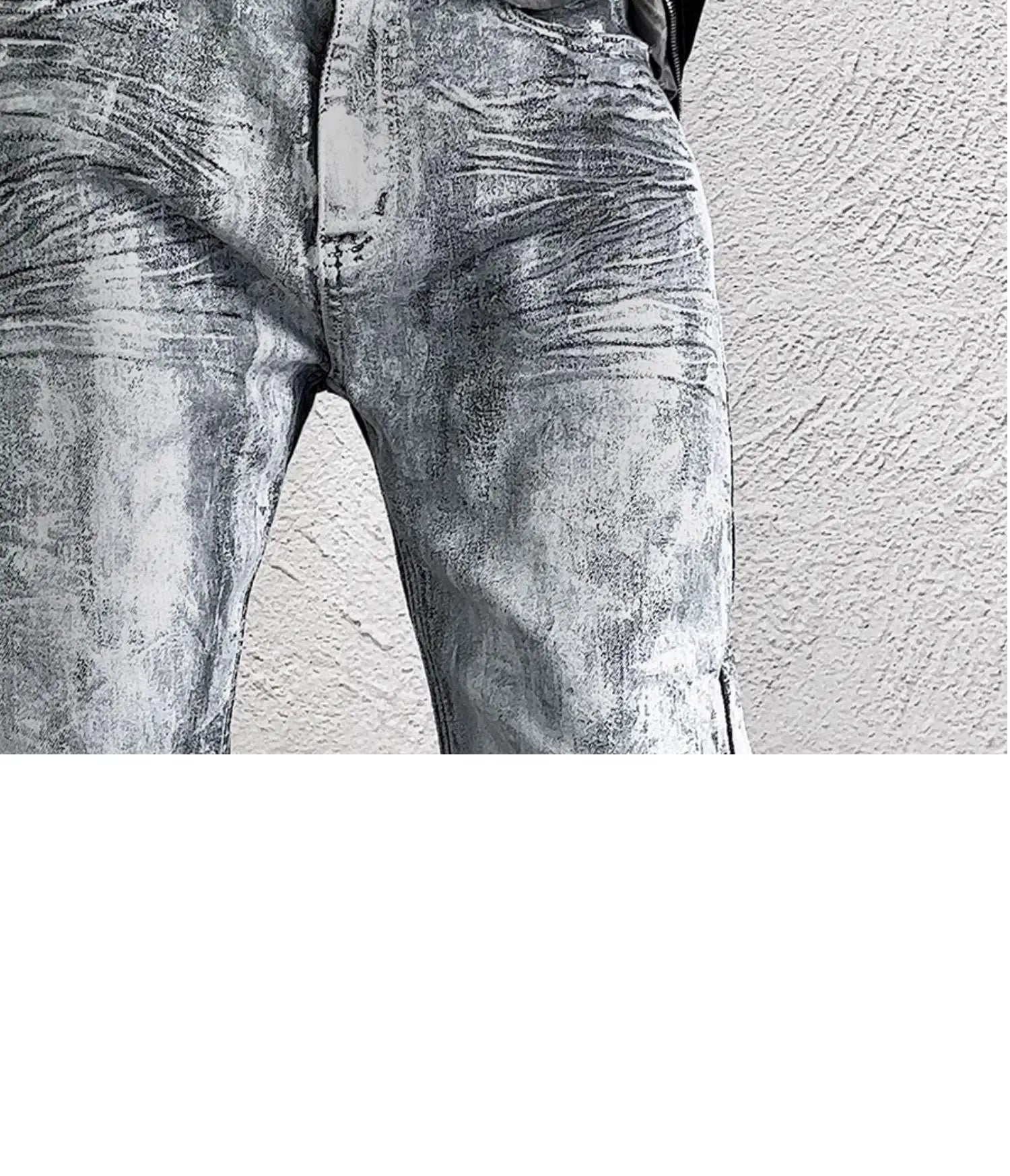 Wasteland style punk distressed gray white jeans with brush wax white paint coating.