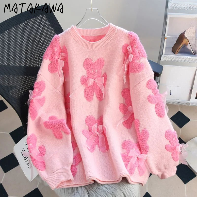 Matakawa Cartoon Pink Women Sweaters Bows Autumn Winter Korean Fashion Sweet Pull Femme Kawaii Loose Warm Retro Pullovers