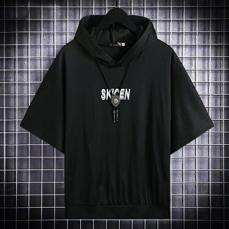 Oversized black hooded t-shirt with short sleeves and printed design for men and women.