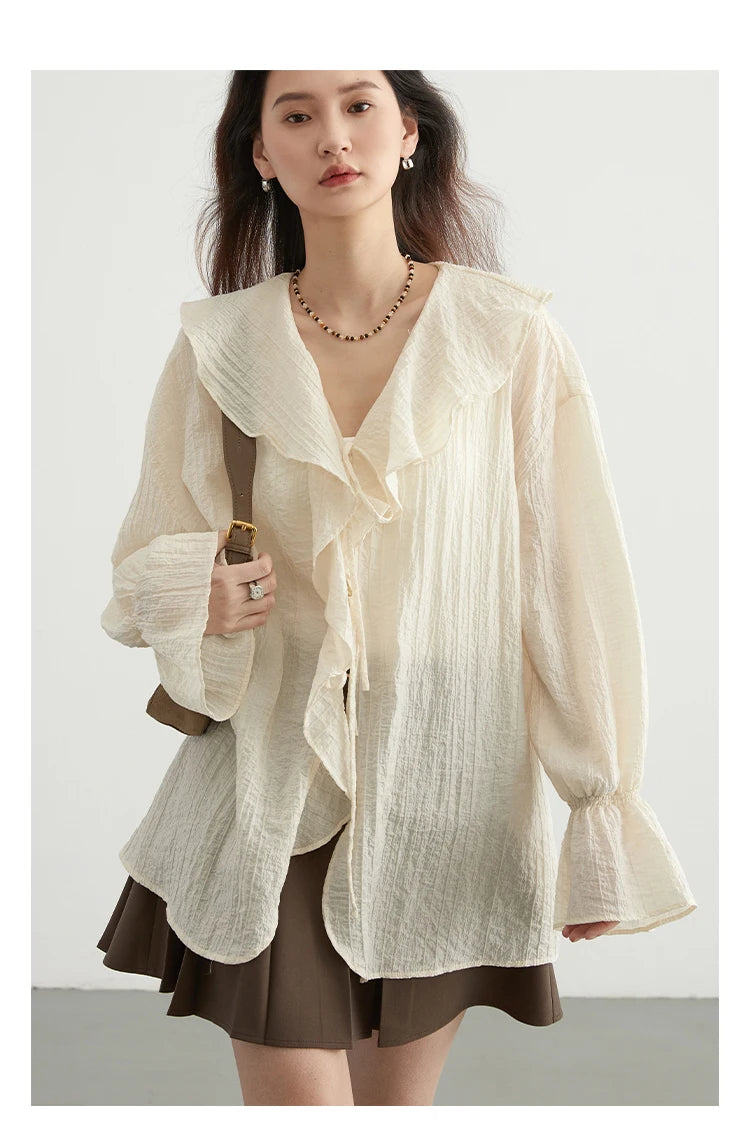 CHIC VEN Women Shirt Loose Casual Ruffled Edges Female Blouses V Neck Lace Up Mid Length Woman Shirts Spring Summer 2024