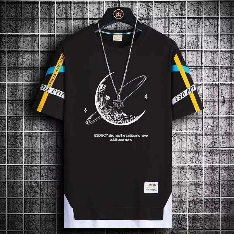 Summer men's t-shirt with Korean casual style, breathable fabric, high street fashion printed short sleeves, and O-neck design.