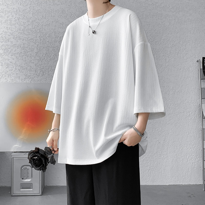 High quality men's oversized ice silk t-shirt, 2023 summer Harajuku fashion, half sleeve, casual white solid tee.