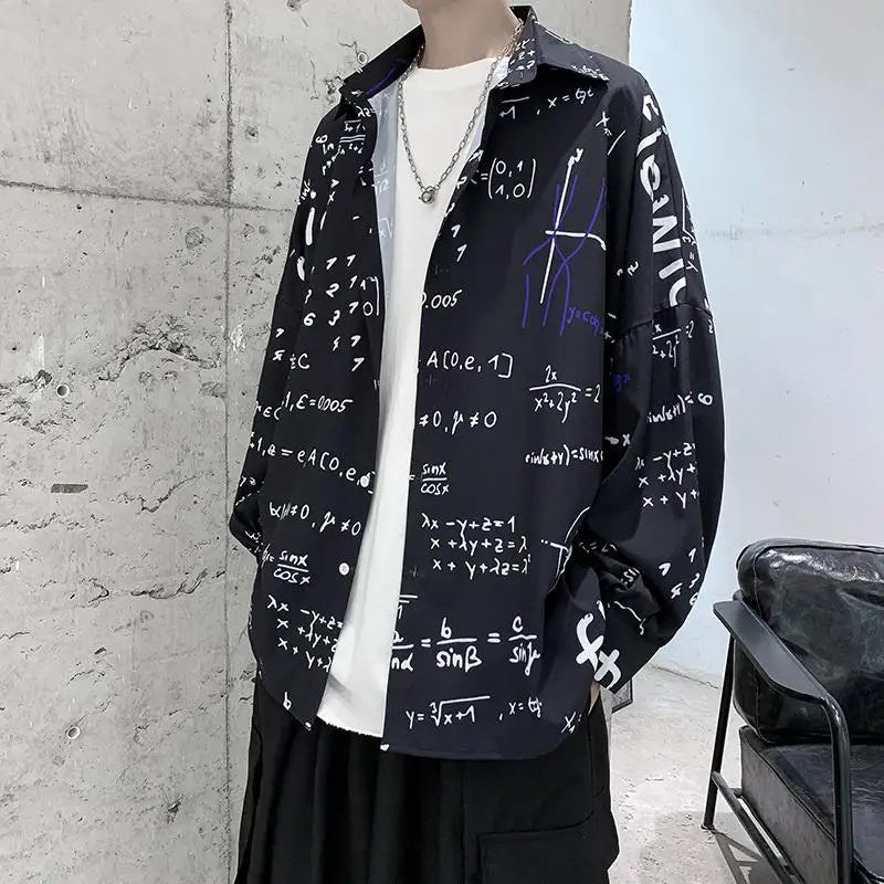 2023 New Spring and Autumn Trend Hong Kong Style Japanese Casual Loose and Luxury Korean Edition Simple Printed Men's Shirt