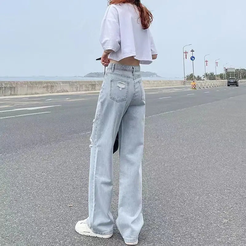 Pierced High Waist Jeans Women's Spring and Summer Thin Straight Tube Loose 2022 New Fashion Casual Thin Wide Leg Pants