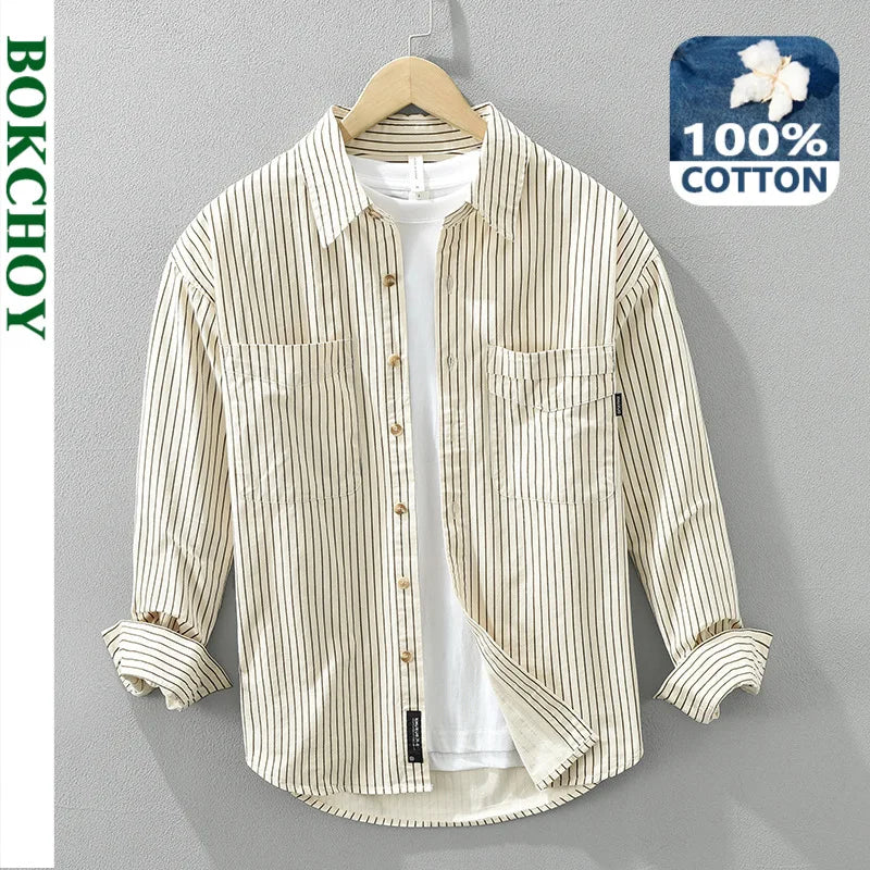 2024 Spring New 100% Cotton Simple Striped Long Sleeve Shirts for Men Clothing Solid Color Loose Soft White Shirt CM6968