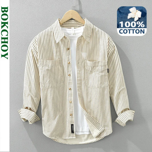 2024 Spring New 100% Cotton Simple Striped Long Sleeve Shirts for Men Clothing Solid Color Loose Soft White Shirt CM6968