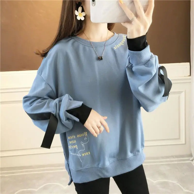 Autumn 2024 New Casual Patchwork Fake Two Pieces Sweatshirts Femme Simplicity Loose Irregular Pullover T-Shirts Women Clothing