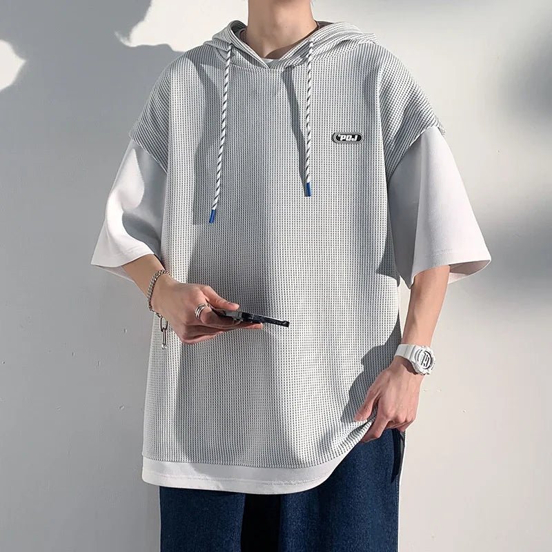 Summer Waffle Hooded Short Sleeve T-shirt in Korean Fashion, Y2K Streetwear Oversize Tee, Casual ropa hombre.