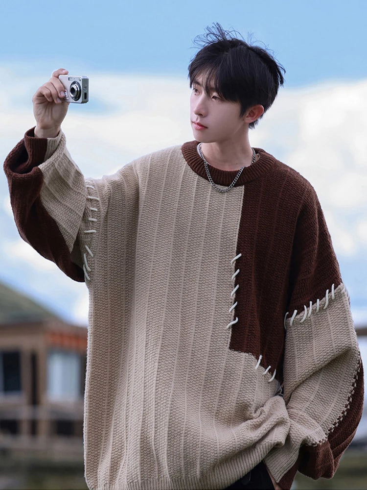 HOUZHOU Knitted Sweater Men Pullover Oversize Sweaters Male Winter Harajuku Casual Streetwear Patchwear Autumn Hip Hop Spliced