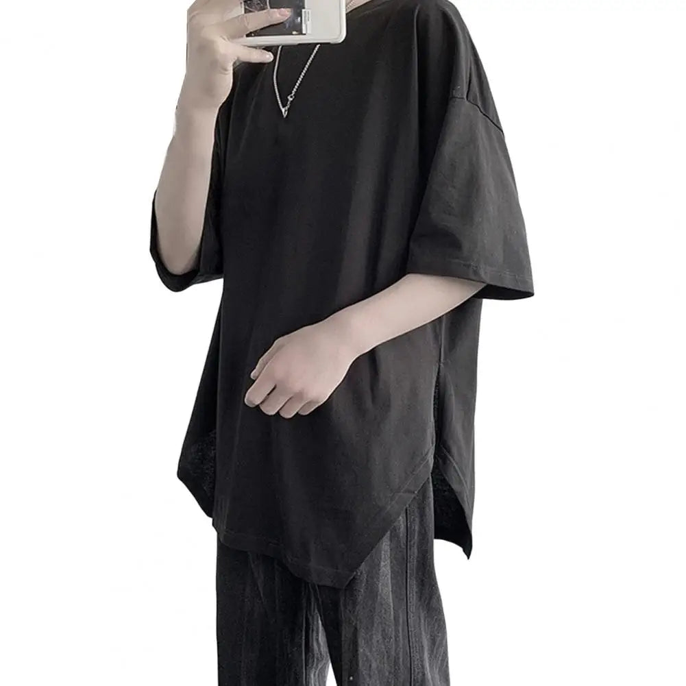 Summer oversized black T-shirt with a round neck and split hem for men; half sleeve Harajuku style.