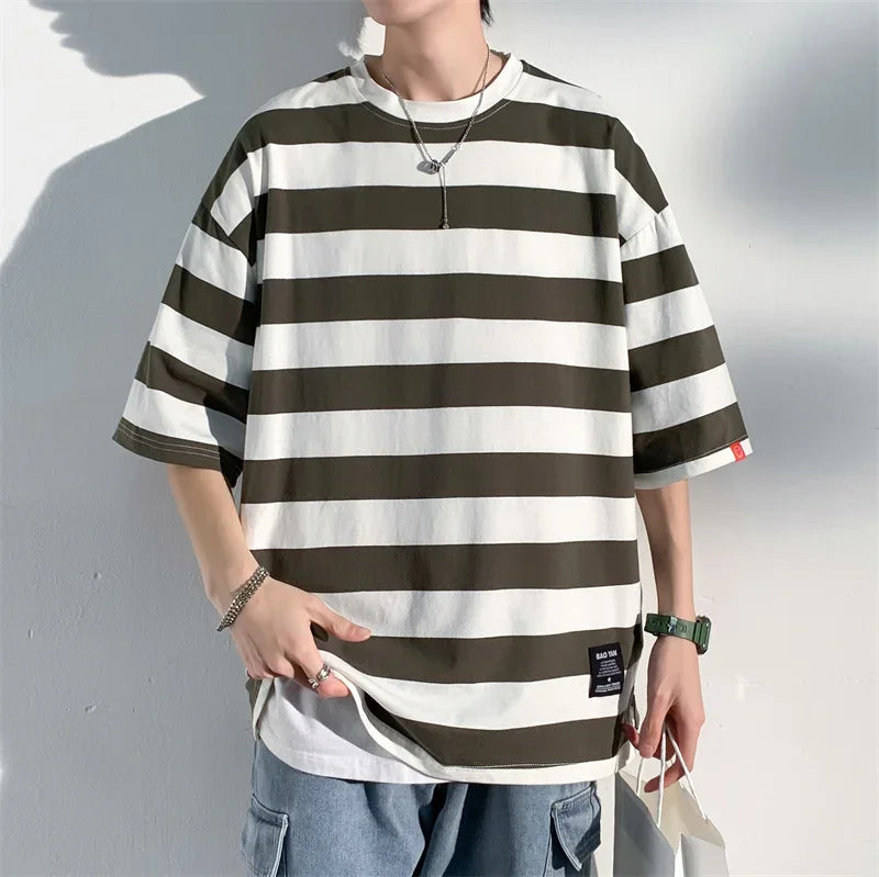 Men's Cotton T-shirt Striped Mens Oversized T Shirts Split Hem Fashion Tee Shirts Casual Wear Summer Tshirt 5XL Big Size for Man