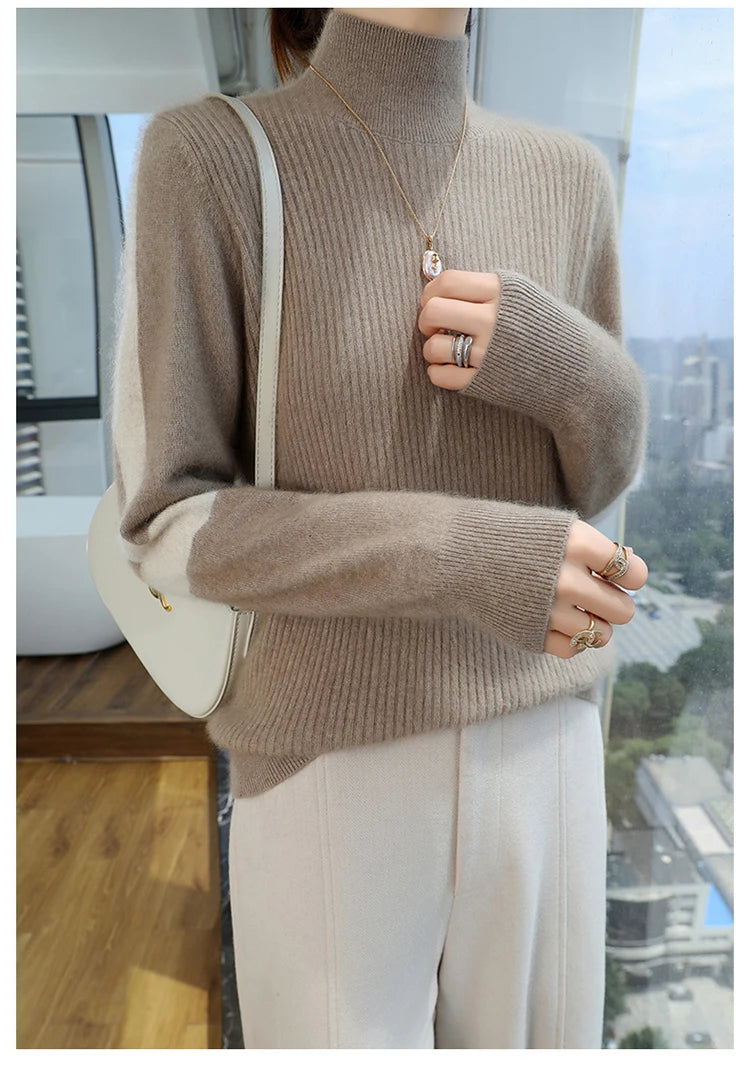 2024 Winter Ladies Turtleneck Mink Cashmere Sweater Women's Patchwork Color Base Knitwear Exquisite Super Warm Long Sleeve Top