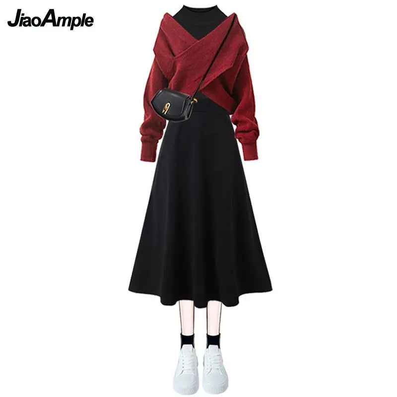 2023 Autumn/Winter New Korean Elegant Matching Set Women's Fashion Cross Knit Sweater+Bottom Shirt+Strap Dress Three Piece Suit